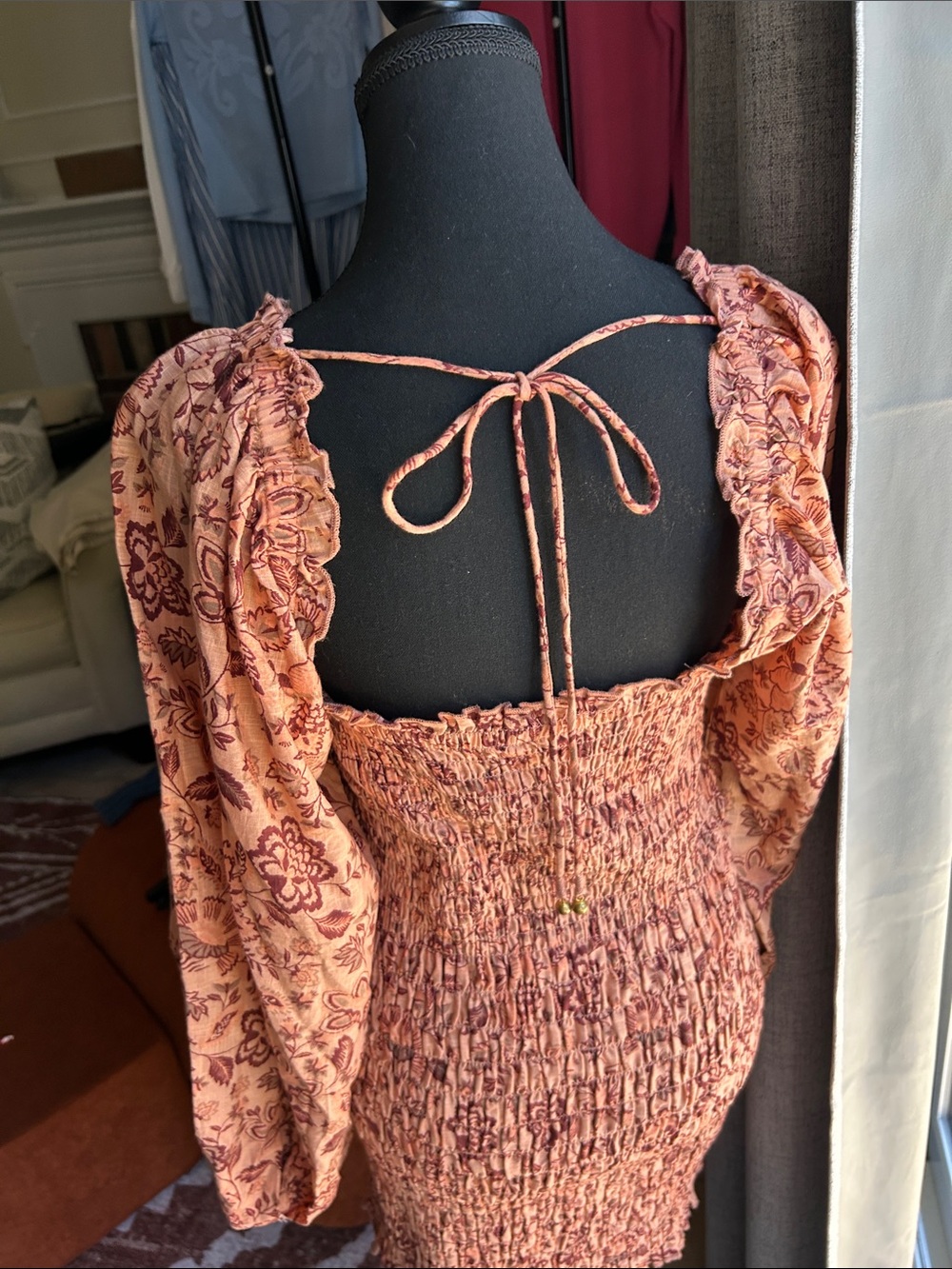 Free People Peach Smocked Midi Dress with Maroon Floral